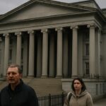 Het gebouw van het Amerikaanse ministerie van Financien onder een grijze hemel