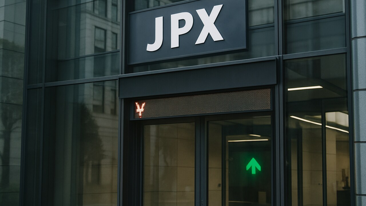 Gebouw van de effectenbeurs in Tokio met een elektronisch koersscherm, symbool voor de rol van de yen in het marktsentiment