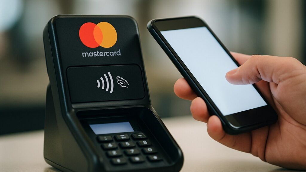Betaalterminal met Mastercard-logo waarbij iemand met een smartphone contactloos betaalt