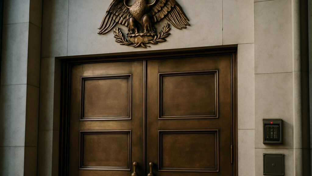 Gesloten bronzen deuren van het Federal Reserve-gebouw met toegangspaneel, symbool voor de geweigerde toegang van Custodia