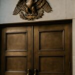 Gesloten bronzen deuren van het Federal Reserve-gebouw met toegangspaneel, symbool voor de geweigerde toegang van Custodia
