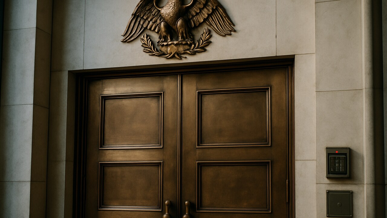 Gesloten bronzen deuren van het Federal Reserve-gebouw met toegangspaneel, symbool voor de geweigerde toegang van Custodia