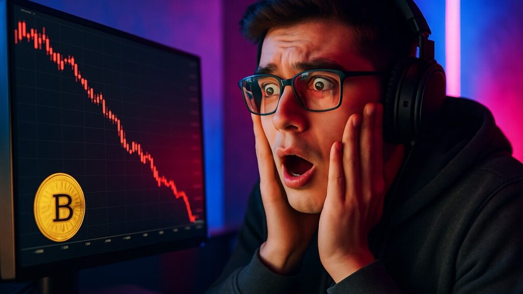 Geschrokken gamer kijkt naar een steil dalende rode koersgrafiek van de CYBERLEEK memecoin op zijn scherm