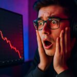 Geschrokken gamer kijkt naar een steil dalende rode koersgrafiek van de CYBERLEEK memecoin op zijn scherm