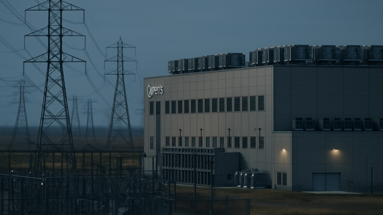 Groot datacenter met hoogspanningsleidingen en transformatorstations in de schemering