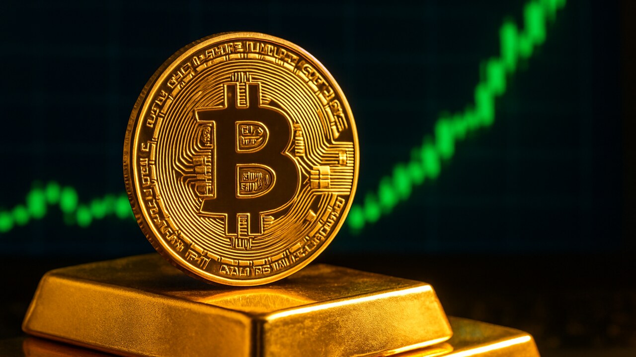 Een fysieke bitcoin-munt op goudstaven met op de achtergrond een stijgende groene koersgrafiek