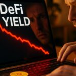 Laptop met een dalende rode grafiek van een DeFi-rendementsstrategie
