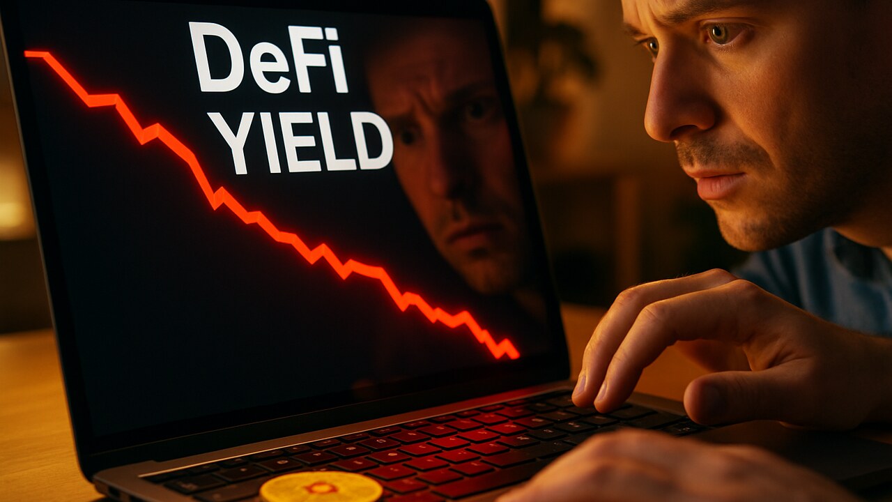 Laptop met een dalende rode grafiek van een DeFi-rendementsstrategie