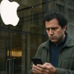 Voorbijganger kijkt bezorgd op zijn telefoon voor een Apple Store met verlicht logo