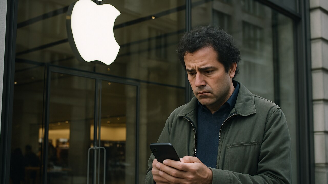 Voorbijganger kijkt bezorgd op zijn telefoon voor een Apple Store met verlicht logo