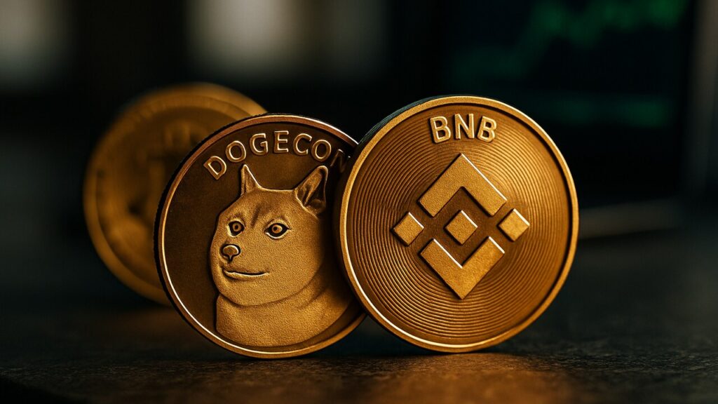 Dogecoin- en BNB-munten liggen belicht op de voorgrond terwijl een Bitcoin-munt in de schaduw op de achtergrond ligt