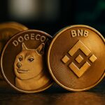 Dogecoin- en BNB-munten liggen belicht op de voorgrond terwijl een Bitcoin-munt in de schaduw op de achtergrond ligt