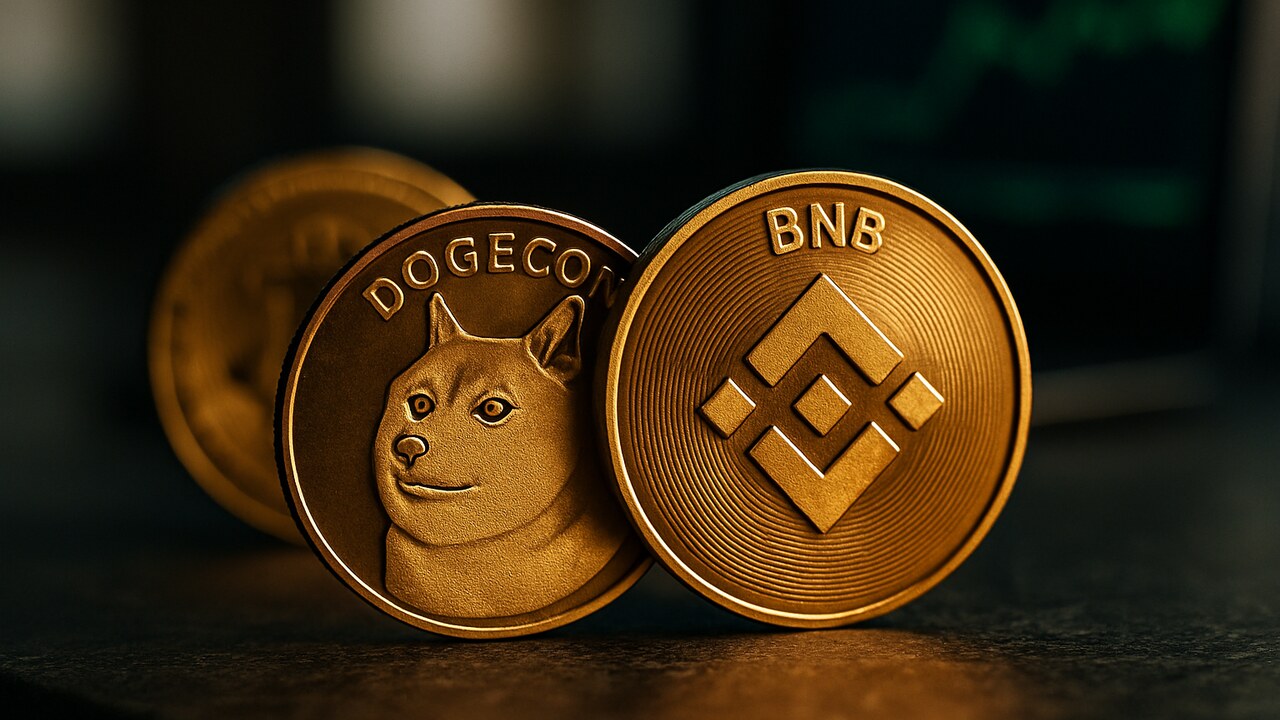 Dogecoin- en BNB-munten liggen belicht op de voorgrond terwijl een Bitcoin-munt in de schaduw op de achtergrond ligt