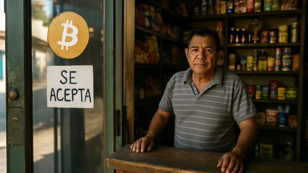 Buurtwinkel in El Salvador met een verweerde Bitcoin-sticker op de deur en de winkelier achter de toonbank