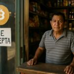 Buurtwinkel in El Salvador met een verweerde Bitcoin-sticker op de deur en de winkelier achter de toonbank