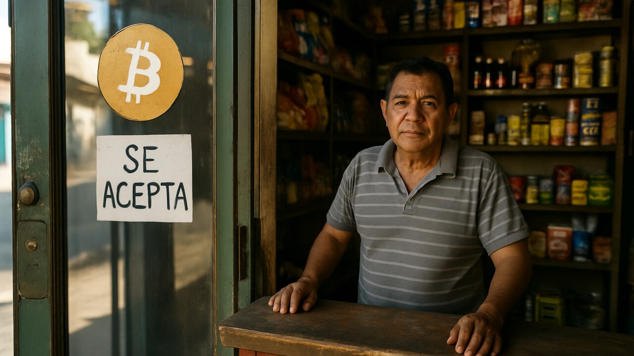 Buurtwinkel in El Salvador met een verweerde Bitcoin-sticker op de deur en de winkelier achter de toonbank