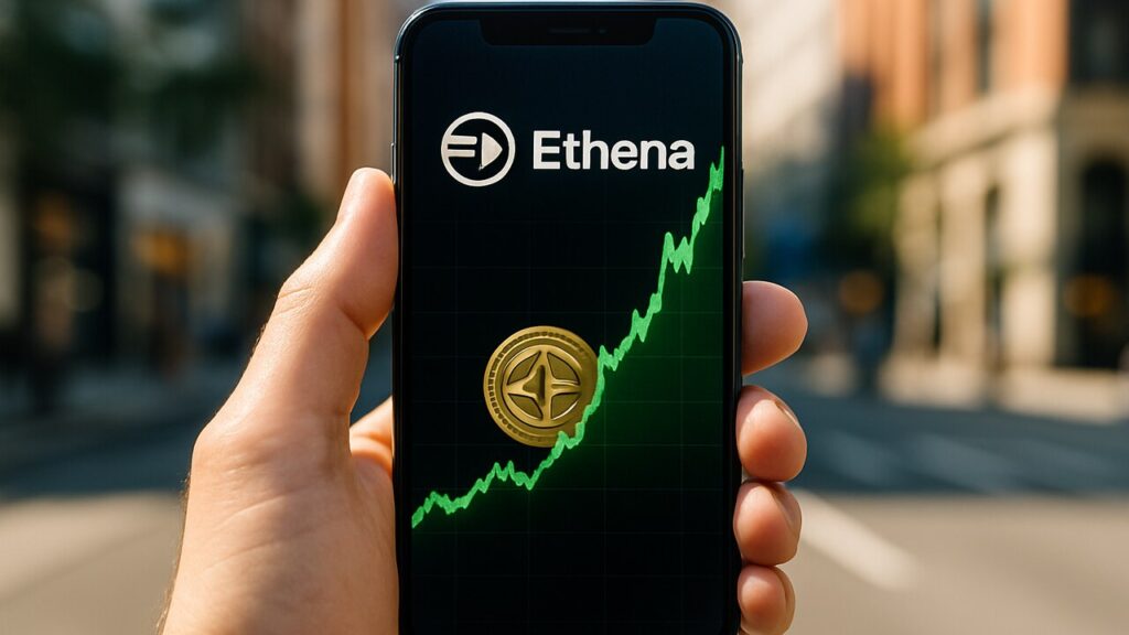 Smartphone met een steil stijgende groene ENA koersgrafiek en het Ethena-logo, buiten op straat