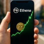 Smartphone met een steil stijgende groene ENA koersgrafiek en het Ethena-logo, buiten op straat
