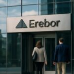Vooraanzicht van het glazen hoofdkantoor van cryptobank Erebor met naambordje bij de ingang