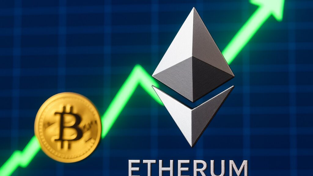 Ethereum-logo dat een stijgende groene grafiek aanvoert met het Bitcoin-symbool erachter