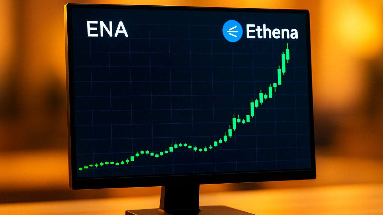 Beeldscherm met een steil stijgende groene ENA-koersgrafiek en het Ethena-logo