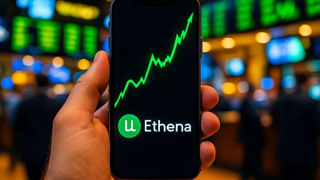 Smartphone met een groene stijgende aandelengrafiek en het Ethena-logo op een beursvloer