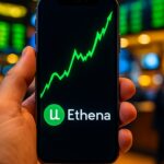 Smartphone met een groene stijgende aandelengrafiek en het Ethena-logo op een beursvloer