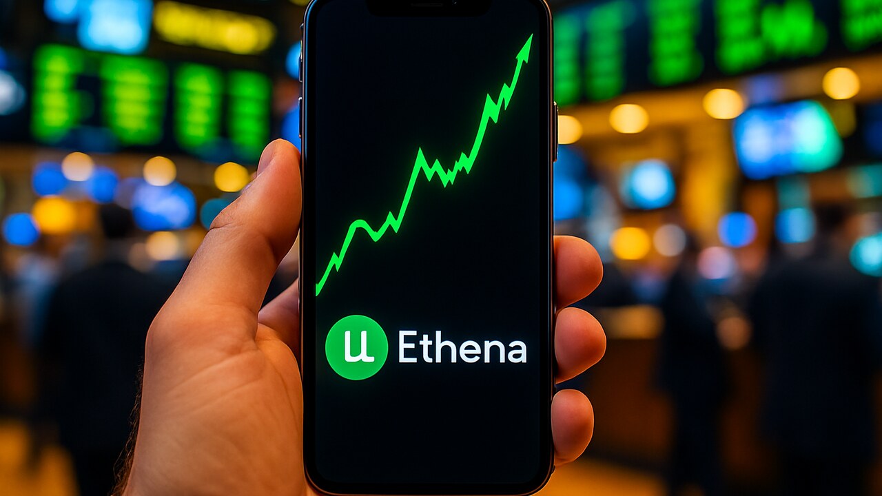 Smartphone met een groene stijgende aandelengrafiek en het Ethena-logo op een beursvloer