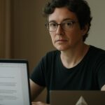 Ontwikkelaar aan een bureau met een laptop waarop een codevoorstel en het Ethereum-logo te zien zijn