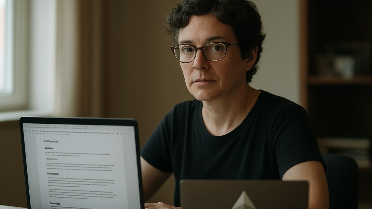 Ontwikkelaar aan een bureau met een laptop waarop een codevoorstel en het Ethereum-logo te zien zijn