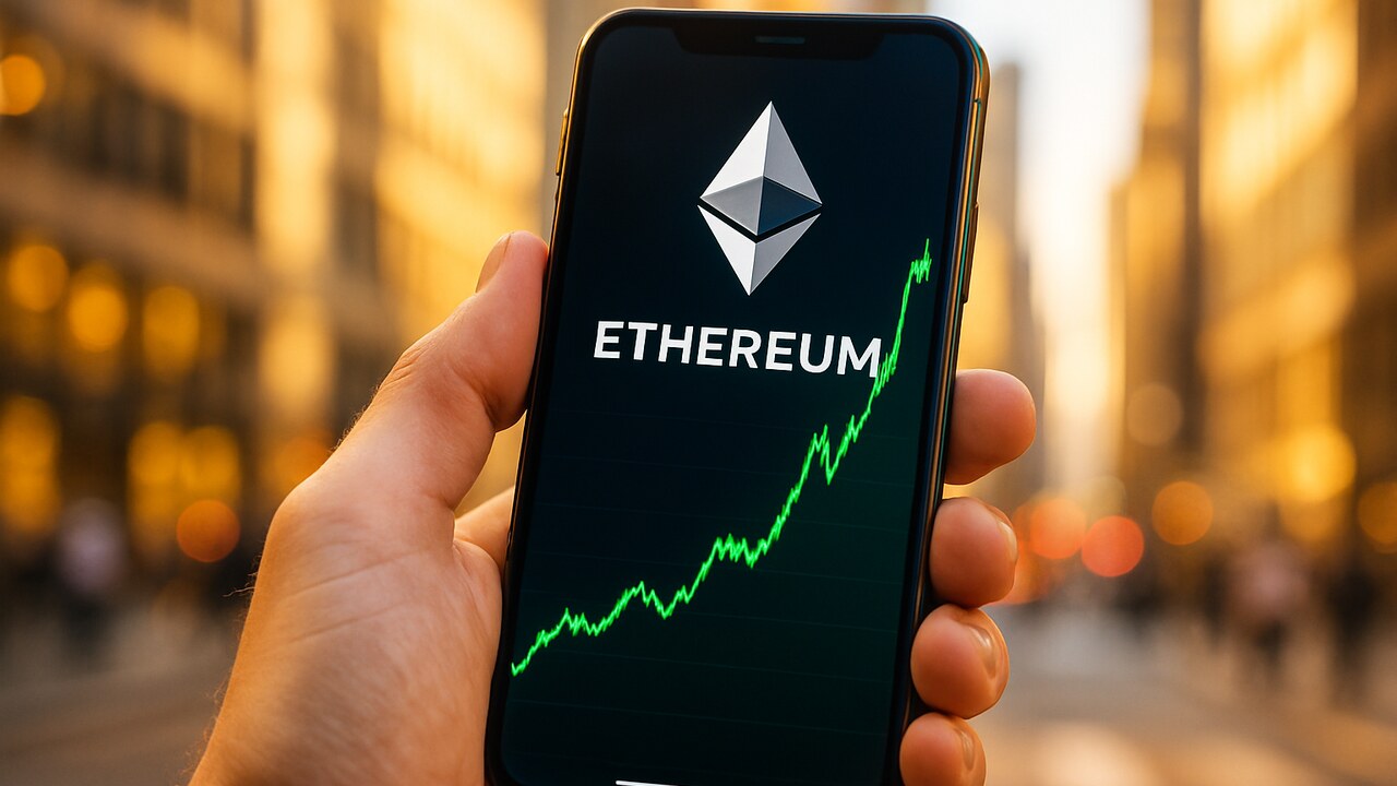 Smartphone met stijgende groene Ethereum-grafiek en het Ethereum-logo op het scherm