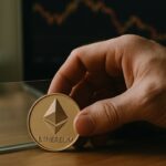Een hand houdt een fysieke Ethereum-munt tegen een glazen barriere, symbool voor de koers die vastzit onder 2.000 dollar