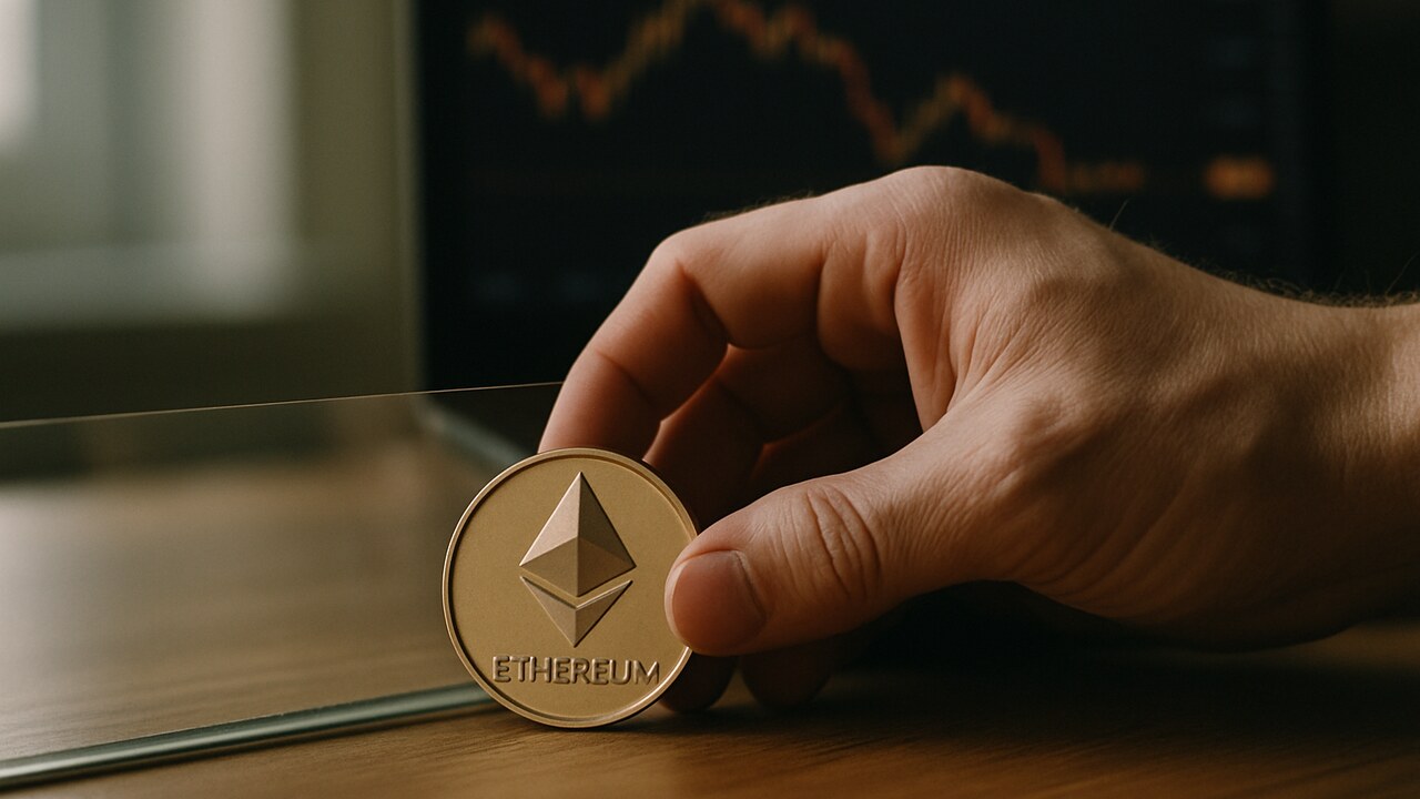Een hand houdt een fysieke Ethereum-munt tegen een glazen barriere, symbool voor de koers die vastzit onder 2.000 dollar