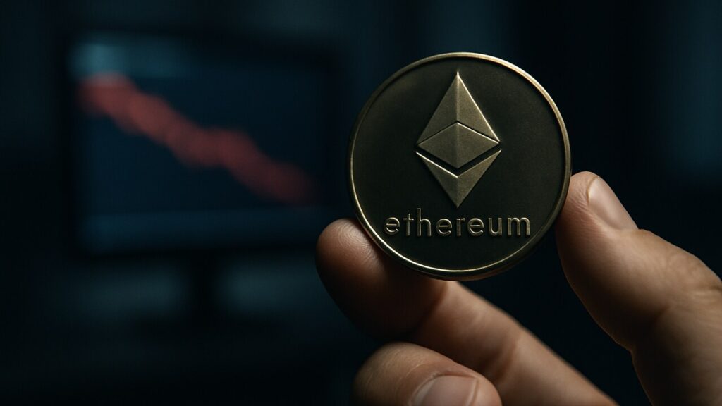 Datacenter met serverrijen en een Ethereum-logo, op de achtergrond een scherm met een dalende rode koerslijn