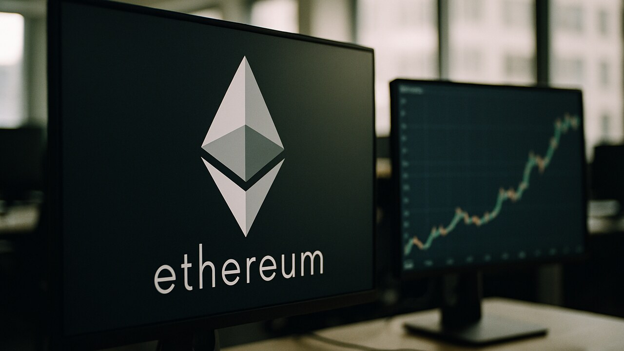 Het Ethereum-logo op een scherm in een handelskantoor met een groene koerslijn op een tweede monitor