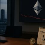 Ethereum-logo op een schermwand in een schemerig kantoor terwijl de markt wacht op het rentebesluit van de Fed