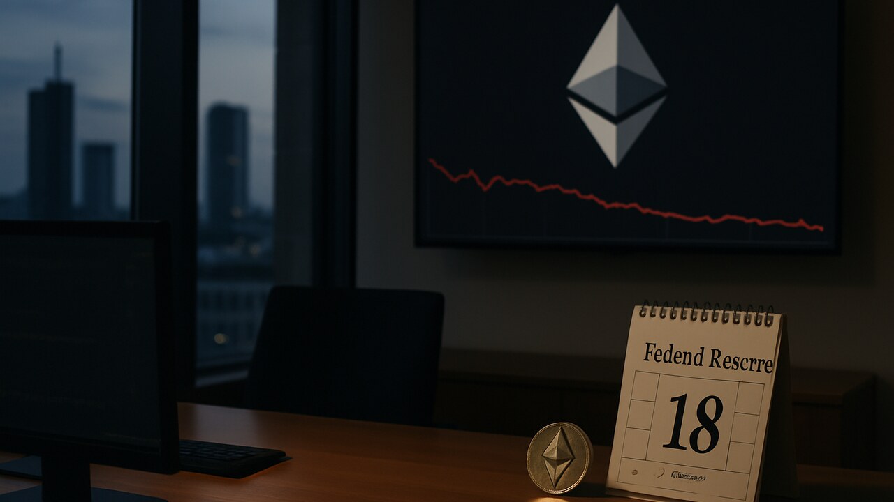 Ethereum-logo op een schermwand in een schemerig kantoor terwijl de markt wacht op het rentebesluit van de Fed