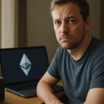 Persoon bij een thuis-stakingopstelling voor Ethereum met een kleine server en laptop op een bureau