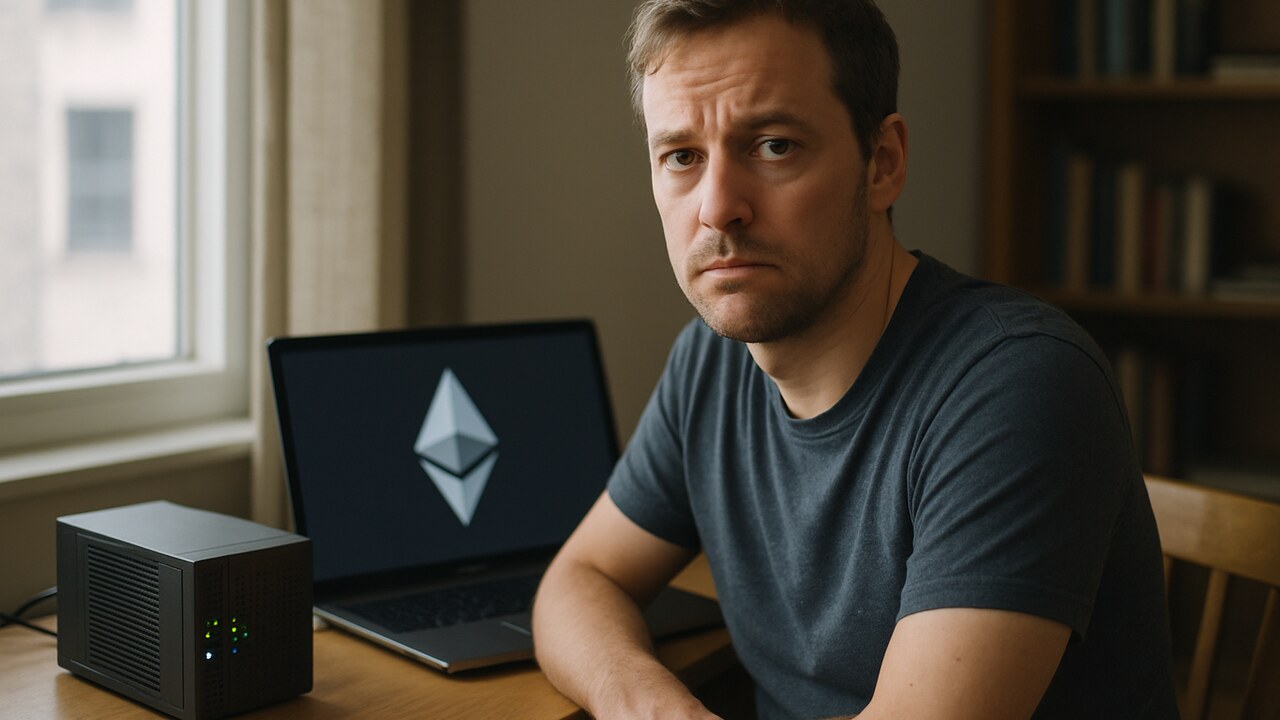 Persoon bij een thuis-stakingopstelling voor Ethereum met een kleine server en laptop op een bureau