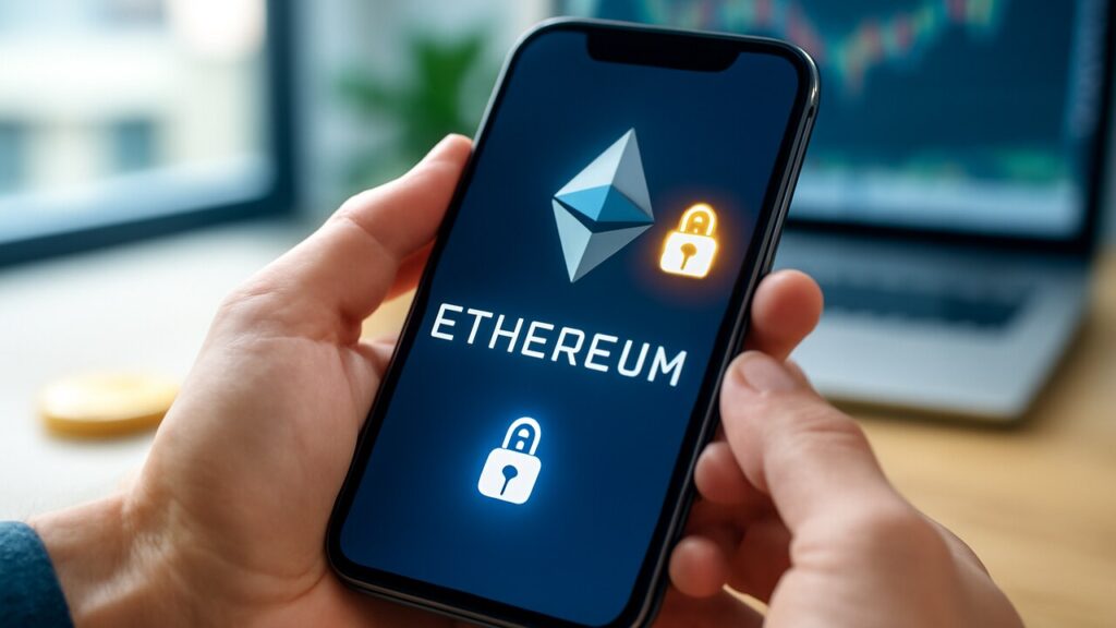 Handen met een smartphone waarop het Ethereum-logo en een slotpictogram te zien zijn