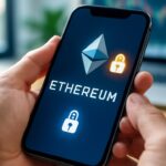Handen met een smartphone waarop het Ethereum-logo en een slotpictogram te zien zijn