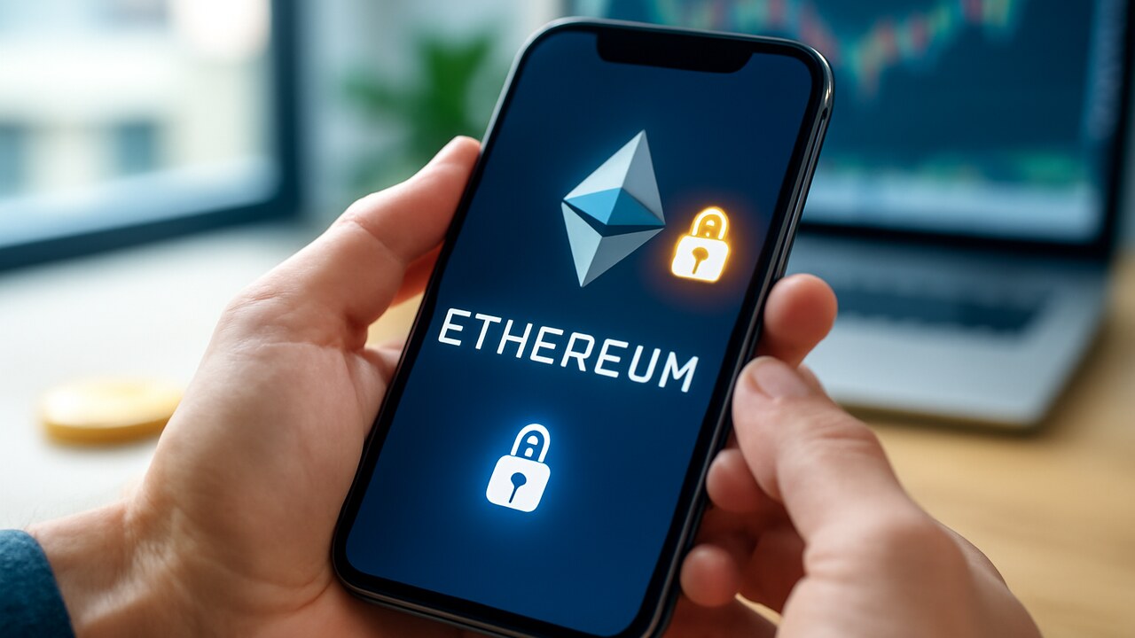 Handen met een smartphone waarop het Ethereum-logo en een slotpictogram te zien zijn