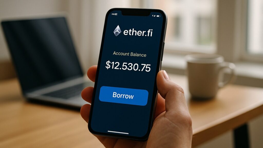 Hand houdt een smartphone met de Ethereum.fi-app vast op een licht bureau, met leen- en saldofuncties zichtbaar op het scherm