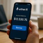 Hand houdt een smartphone met de Ethereum.fi-app vast op een licht bureau, met leen- en saldofuncties zichtbaar op het scherm