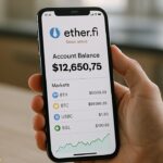 Hand houdt smartphone vast met de Ethereum.fi-app die rekeningen, aandelen en een groene grafiek toont