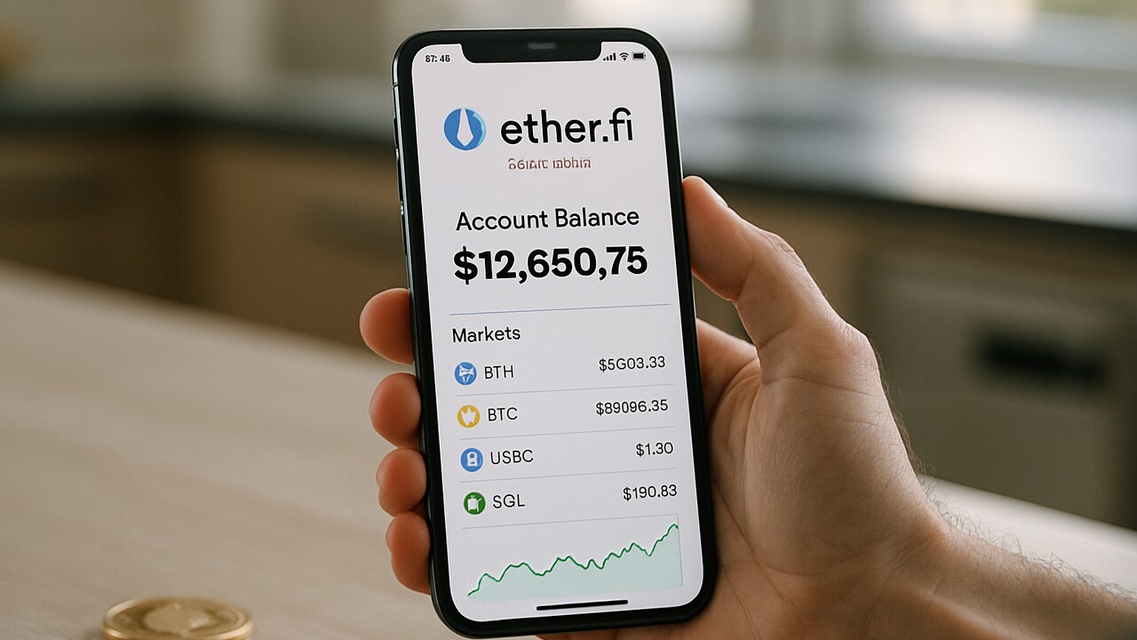 Hand houdt smartphone vast met de Ethereum.fi-app die rekeningen, aandelen en een groene grafiek toont