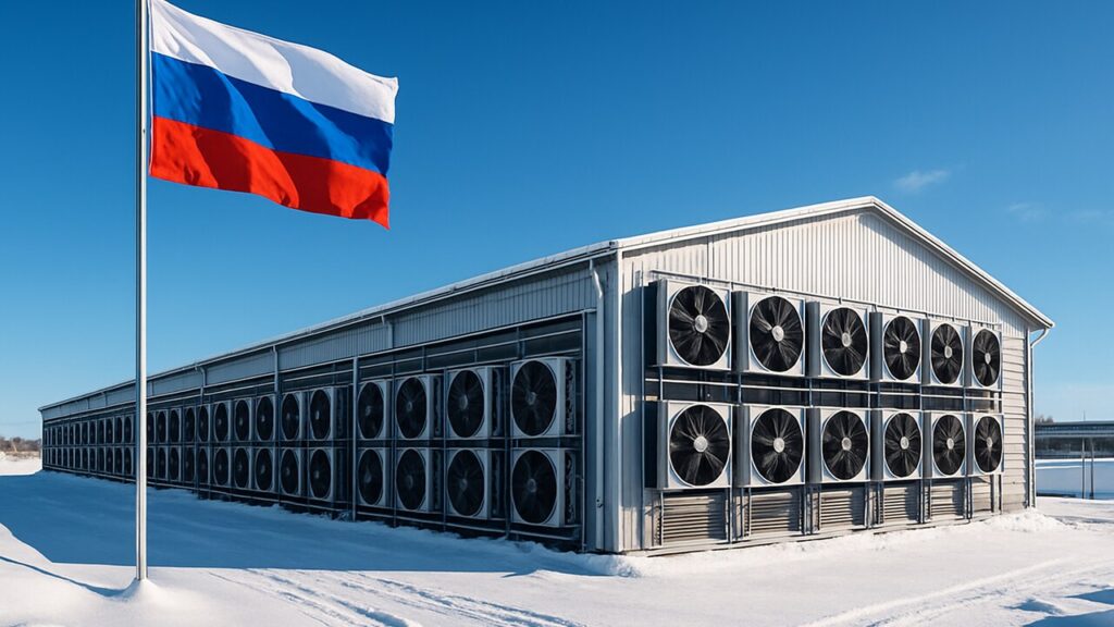 Bitcoin-miningloods in besneeuwd Russisch landschap met wapperende Russische vlag onder heldere blauwe lucht