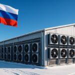 Bitcoin-miningloods in besneeuwd Russisch landschap met wapperende Russische vlag onder heldere blauwe lucht