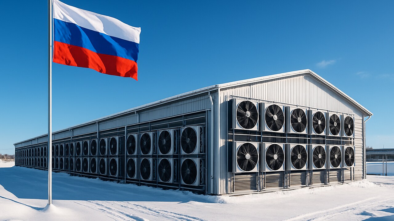 Bitcoin-miningloods in besneeuwd Russisch landschap met wapperende Russische vlag onder heldere blauwe lucht
