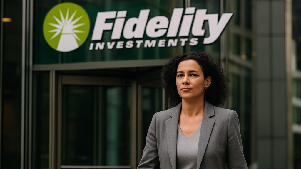 Ingang van een Fidelity-kantoorgebouw met het logo, een zakenvrouw loopt richting de camera
